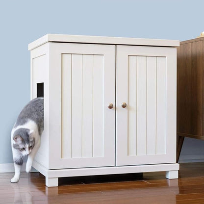 THE REFINED FELINE Cat Litter Box Enclosure Cabinet, Cottage, White, Square Feet, Large, Hidden Litter Cat Furniture with Drawer