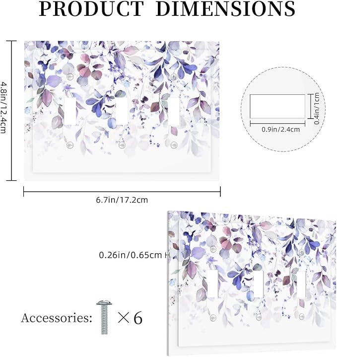 Purple Eucalyptus Watercolor Floral Rustic Leaf Decorative Switch Plates 3 Gang Wall Plate Triple Toggle Light Switch Cover Faceplate Electrical Wall Panels for Farmhouse Home Decor