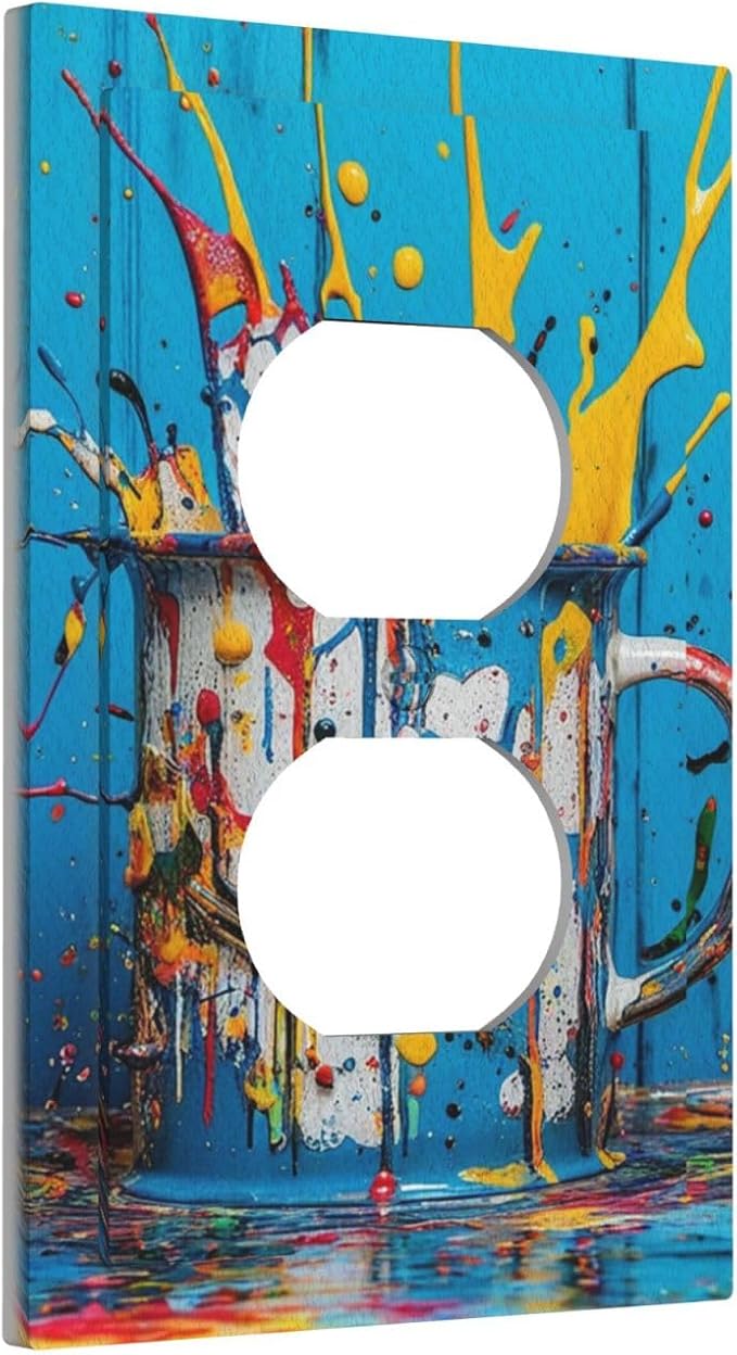 Decorative Outlet Covers Colorful Paint Splatters Blue Wood Plank 1 Gang Duplex Light Switch Cover Plate Wall Plates for Electrical Outlets Switchplate Faceplate