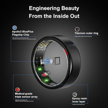 Smart Ring for Women Men- Sleep/Fitness/Stress/Heart Rate Tracker- Menstrual Records - 7 Days Battery Life - Wireless Charging - No APP Subscription - iOS & Android Compatible (Black, Size 11)