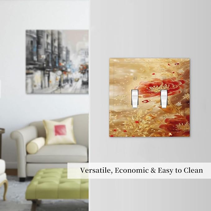 Decorative Light Switch Cover Plate Golden Leaf Red Peony Flowers Floral 2 Gang Wall Plate Oversized Double Toggle Two Switch Wall Cover Plate Dual Device Faceplate