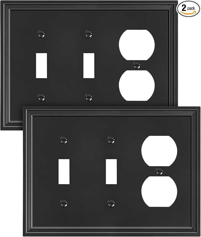 2-Pack Combo Duplex/Double Toggle Light Switch Cover Plate, Black Modern Decorative Electrical Outlet Covers, Bamboo Fiber Wall Switch Plates and Outlet Covers