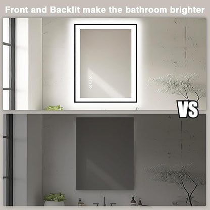 28x32 LED Bathroom Mirror - Black Aluminum Framed,Front and Backlit,Anti-Fog Framed Bathroom Vanity Mirror,3 Color Stepless Dimmable Lighted Smart Mirror(Horizontal/Vertical)