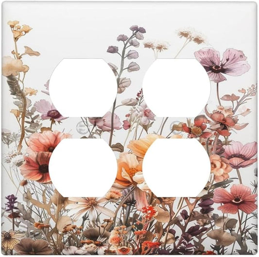 Boho Nursery Wildflower Flora Vintage Flower Outlet Covers 2 Gang Double Duplex Decorative Light Switch Covers Electrical Wallplates Socket Faceplate for Bedroom Living Room Decor