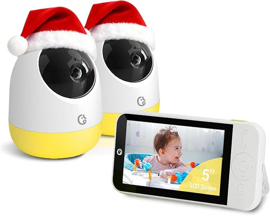 Ellie Pro Baby Monitor with 2 Cameras,5'' IPS 2K UHD Resolution,6000mAh Battery, Remote Pan-Tilt-5X Zoom, 2-Way Talk,No WiFi, Night Vision, Virtual Fence and 1000ft Range