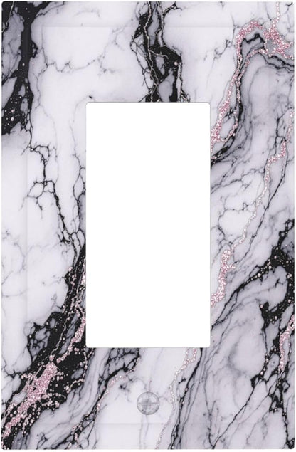 Decorative Outlet Covers White Marble Pattern Black Lines Pink Lines 1 Gang Single Rocker Light Switch Cover Plate Wall Plates GFCI Faceplate for living Room Office Decor