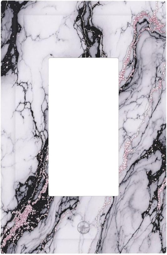 Decorative Outlet Covers White Marble Pattern Black Lines Pink Lines 1 Gang Single Rocker Light Switch Cover Plate Wall Plates GFCI Faceplate for living Room Office Decor