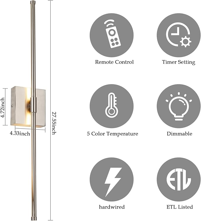 LED Wall Sconces with Remote Control, Dimmable Wall Sconces Set of 2, 5 Colors 3000K-6500K & Dimmable, Hardwire Wall Light with Timer & Night Light, LED Nickel Wall Lamps for Living Room, Bedroom