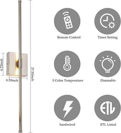 LED Wall Sconces with Remote Control, Dimmable Wall Sconces Set of 2, 5 Colors 3000K-6500K & Dimmable, Hardwire Wall Light with Timer & Night Light, LED Nickel Wall Lamps for Living Room, Bedroom