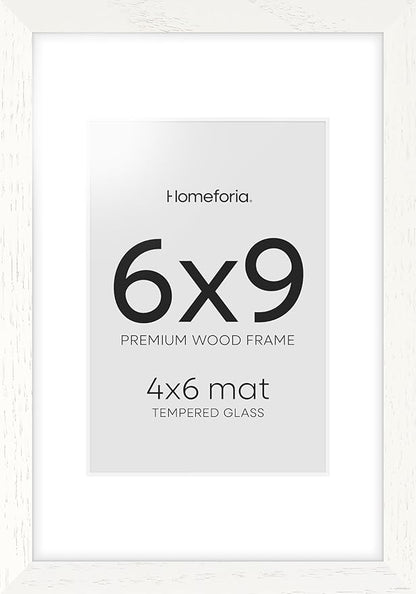 Homeforia 6x9 Picture Frame White, High End Oak 9x6 Wooden Frames with Mat 6x4 Print, 6 x 9 White Wood Frame Matted to 4 x 6 inch Photo, 6by9 Wall or Tabletop Frame, Tempered Glass, Wall Kit, Set of 1