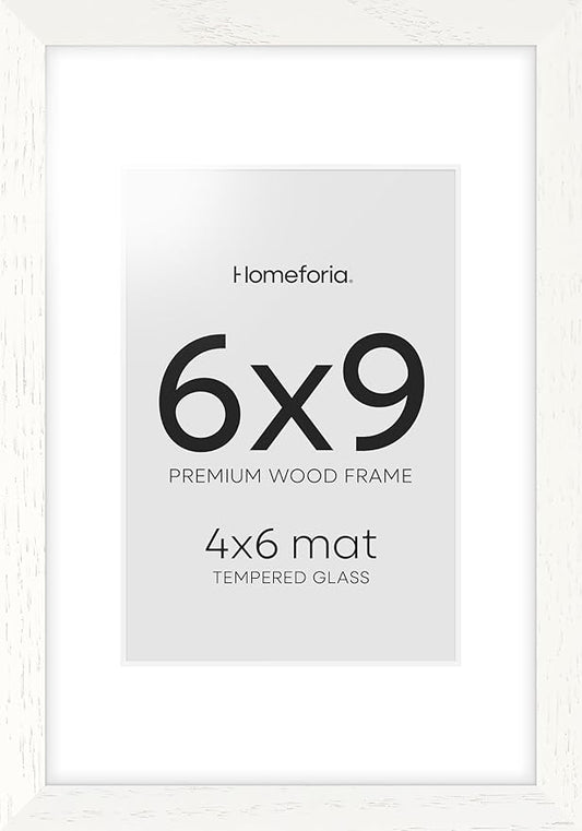 Homeforia 6x9 Picture Frame White, High End Oak 9x6 Wooden Frames with Mat 6x4 Print, 6 x 9 White Wood Frame Matted to 4 x 6 inch Photo, 6by9 Wall or Tabletop Frame, Tempered Glass, Wall Kit, Set of 1