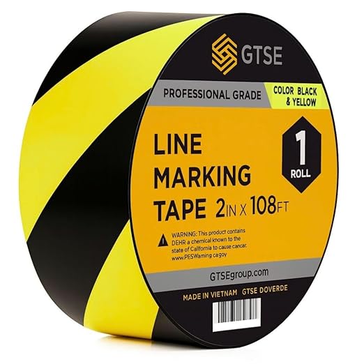 GTSE 2 inch x 108 ft Black/Yellow PVC Vinyl Floor Tape, 48 Rolls, Safety Marking Tape, 6 mil Thick, Suitable for Dance Floors, Gyms, Warehouses, Sports Facilities