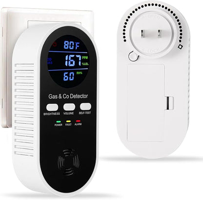 5-in-1 Carbon Monoxide Detector & Natural Gas Leak Alarm,AC-Plug-in CO Alarm & Explosive Gas Detector Battery Backup with Temperature(°F) & Humidity,Three Levels Volume & Brightness for Home,RV,Hotel