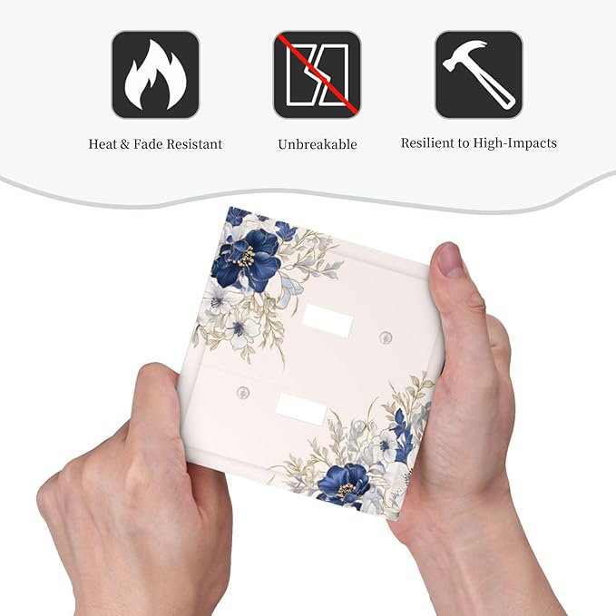 Decorative Light Switch Cover Plate Rustic Blue Beige Flower Peony Floral 2 Gang Outlet Covers Double Toggle Wall Plates for Electrical Outlets Switch Plate Covers Faceplate for Home Decor
