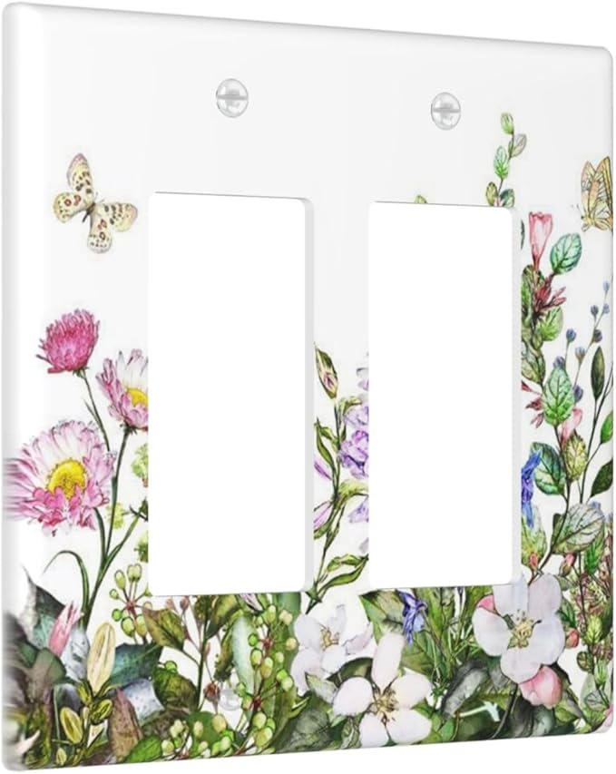 Decorative Outlet Covers Rustic Green Leaf Pink Flowers Butterfly 2 Gang Wall Plate Double Rocker Two Switch Wall Cover Plate Light Switch Cover Plate Faceplate for Country Bedroom Decor