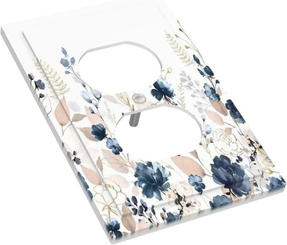 Blue Flora Boho Vintage Flower Golden Leaves Outlet Covers 1 Gang Duplex Light Switch Cover Decorative Switch Plates Electrical Receptacle Faceplate Wall Plate for Bedroom Living Room Decor