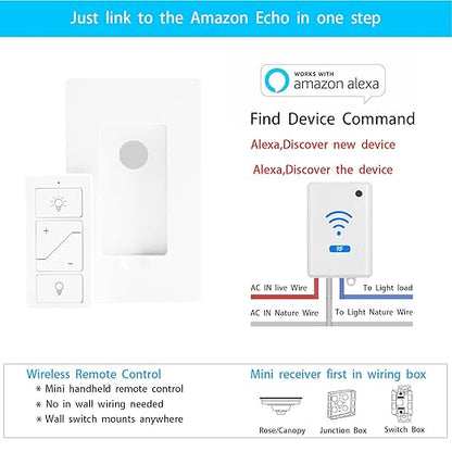 Wireless Dimmer Light Switch and Receiver Compatible With Alexa - Smart Wall Switch for Ceiling Lights, Fans, Lamps