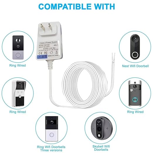 24VDC Video Doorbell Power Adapter, Power Supply Transformer for Ring, Nest, Eufy, Wyze, Arlo, 19.6 ft Cable, White