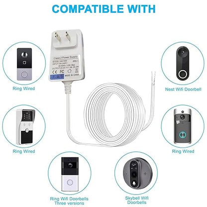 24VDC Video Doorbell Power Adapter, Power Supply Transformer for Ring, Nest, Eufy, Wyze, Arlo, 19.6 ft Cable, White