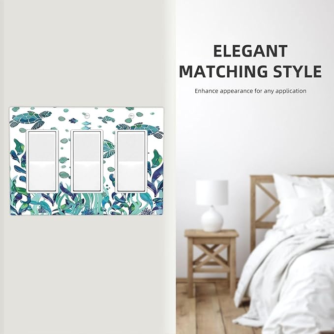 Light Switch Covers Vibrant Turtle Seagrass Watercolor Painting 3 Gang Rocker Electrical GFCI Decorative Triple Outlet Wall Plate Cover Switchplate for Bathroom living Room Decor