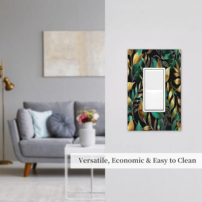 Decorative Outlet Covers Vintage Dark Green Vine Leaf Golden Plants 1 Gang Single Rocker Light Switch Cover Plate Wall Plates GFCI Faceplate for Bed Room Cabin Decor