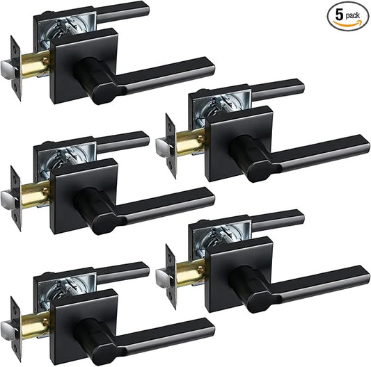 Passage Door Lever (No Lock), Heavy Duty Interior Square Handle for Hallway and Closet, Matte Black, Reversible for Right&Left Handed, 5Packs