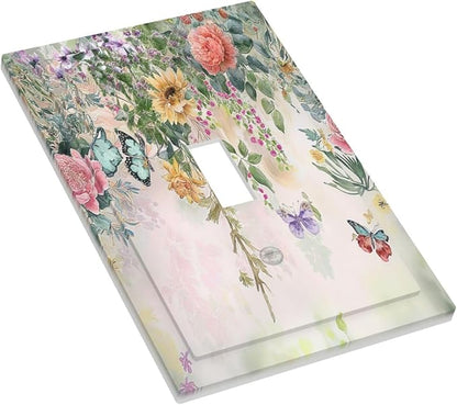 Rustic Floral Watercolor Flower Blossom Butterfly Single Toggle Light Switch Cover plate Outlet Cover Decorative Switchplate Wall Plates Electrical Panel Cover for Bathroom Living Room 5 X 3 IN