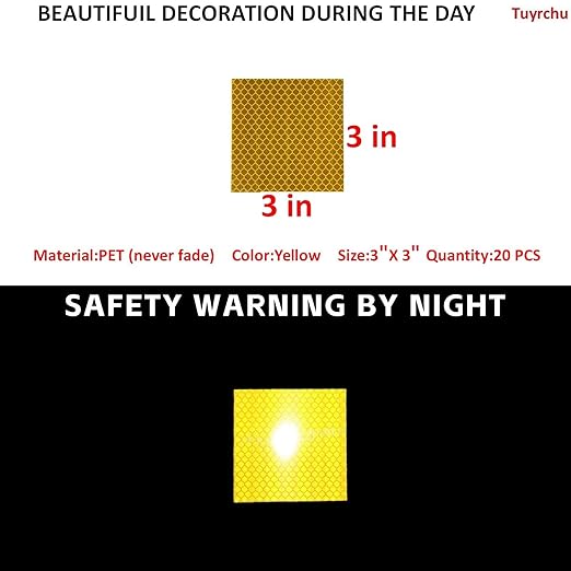 Non Fading Yellow Reflective Stickers 3 inch X 3 inch, Outdoor Waterproof High Visibility Warning Safety Adhesive Reflector Tape (20 Pcs)
