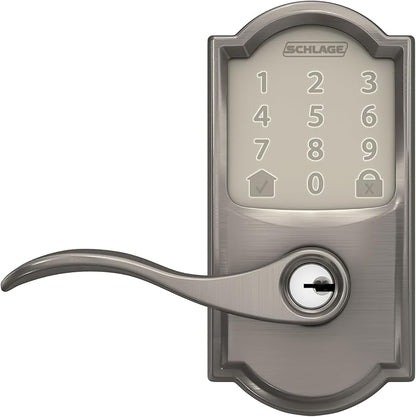 Schlage FE789WB CAM 619 Acc Encode WiFi Accent Lever Smart Lock, Keyless Entry Touchscreen Door Lock with Camelot Trim, Satin Nickel