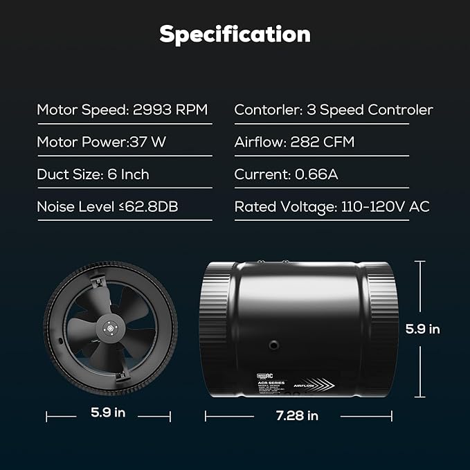 6 Inch Inline Duct Fan with Speed Controller - 282CFM High Airflow, Ultra Quiet 62.8dB for Grow Tents, Hydroponics, Ventilation, Exhaust - Energy Efficient 37W Inline Exhaust Fan