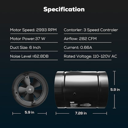 6 Inch Inline Duct Fan with Speed Controller - 282CFM High Airflow, Ultra Quiet 62.8dB for Grow Tents, Hydroponics, Ventilation, Exhaust - Energy Efficient 37W Inline Exhaust Fan