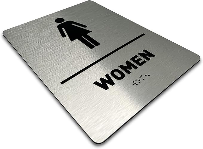 Women Bathroom Sign by GDS - ADA Compliant, Wheelchair Accessible, Raised Icons, & Grade 2 Braille - Includes Adhesive Strips for Easy Installation - Bathroom Signs for Business, Restroom Sign, Restroom Signs for Business - 6" W x 8" H (Brushed Aluminu...