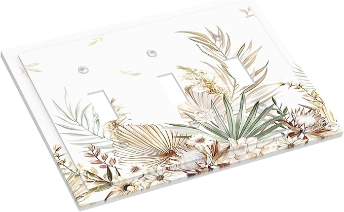 Decorative Switch Plates Boho Leaves Watercolor Tan Leaf Floral Plant 3 Gang Wall Plate Faceplate Triple Toggle Light Switch Cover Electrical Wall Panels for Bedroom Home Decor