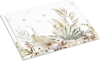 Decorative Switch Plates Boho Leaves Watercolor Tan Leaf Floral Plant 3 Gang Wall Plate Faceplate Triple Toggle Light Switch Cover Electrical Wall Panels for Bedroom Home Decor