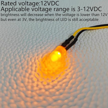 50pcs 3V-4.5V-5V-6V-7.5V-9V-12VDC 5mm Yellow LED Lights Emitting Diodes, 12VDC Prewired 7.9 Inch V LED Light Diffused Colored Lens Small LED
