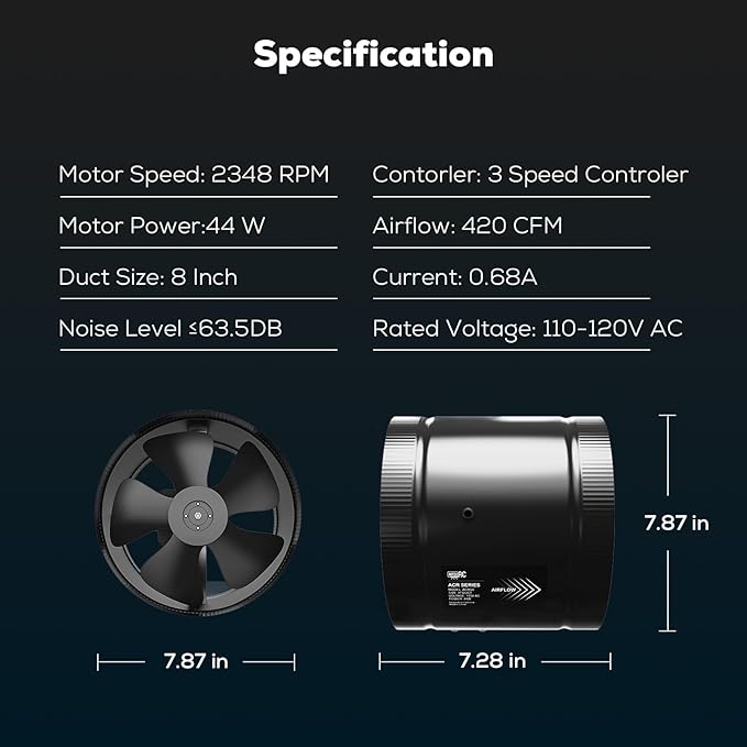 8 Inch Inline Duct Fan with Speed Controller - 420CFM High Airflow, Ultra Quiet 63.5dB for Grow Tents, Hydroponics, Ventilation, Exhaust - Energy Efficient 44W Inline Exhaust Fan