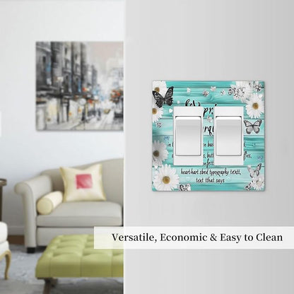 Teal Butterfly Daisy Rustic Wooden Signs Decorative Outlet Covers 2 Gang Double Gfci Rocker Electrical Wall Panels Light Switch Cover Plate For Farmhouse Cabin Decor