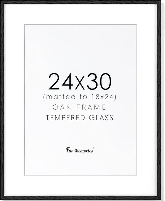 Fun Memories Black Picture Frame 24x30, Oak Wood Poster Frames 24 by 30, 24 x 30 Picture Frames with Tempered Glass, 18x24 Frame Matted to 24x30, Large Wooden Photo Frame 24x30, 1 Pack