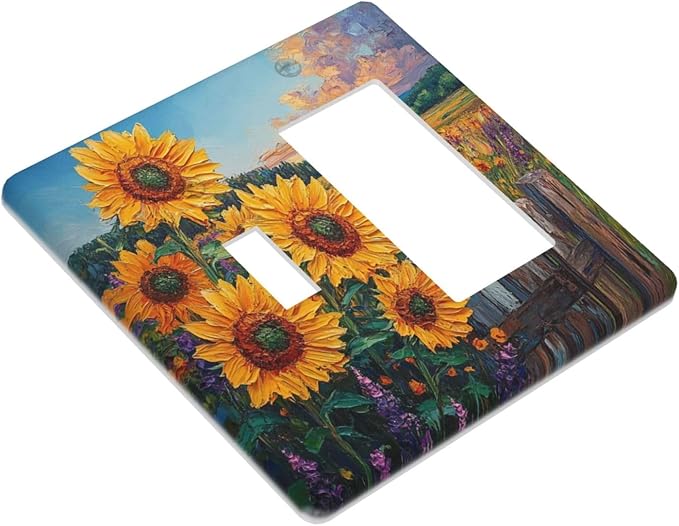 Decorative Outlet Covers Rustic Wilderness Sunflower Lavender Muzha Oil Painting 2 Gang 1 Gang Wall Plate Cover Single Toggle Rocker Combo Light Switch Cover Plate