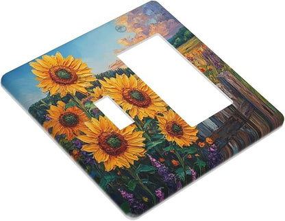 Decorative Outlet Covers Rustic Wilderness Sunflower Lavender Muzha Oil Painting 2 Gang 1 Gang Wall Plate Cover Single Toggle Rocker Combo Light Switch Cover Plate