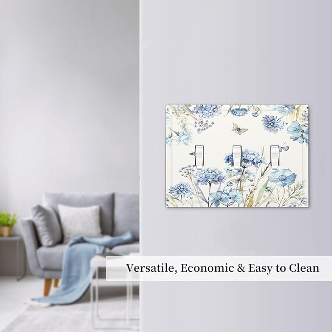 Decorative Switch Plates Blue Floral Hydrangea Plants 3 Gang Wall Plate Faceplate Triple Toggle Light Switch Cover Electrical Wall Panels for Bedroom Home Decor