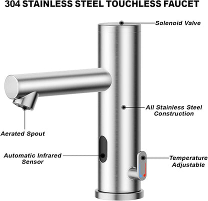 Achelous Stainless Steel Automatic Touchless Bathroom Sink Faucet, Hands Free Infrared Sensor Basin Faucet with Temperature Control, Battery Powered Sensor Bathroom Tap Brushed Nickel