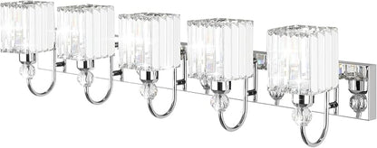 Ralbay Chrome Crystal Vanity Lights 5-Lights 40'' Modern Crystal Bathroom Light Fixtures Modern Crystal Vanity Lighting Over Long Mirror Bathroom Wall Lighting Fixtures
