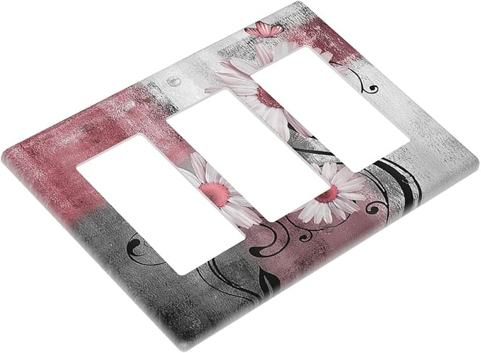 Light Switch Covers Pink Floral Rustic Daisy Flower And Butterfly 3 Gang Rocker Electrical GFCI Decorative Triple Outlet Wall Plate Cover Switchplate for Farmhouse Cabin Decor