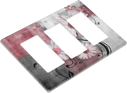 Light Switch Covers Pink Floral Rustic Daisy Flower And Butterfly 3 Gang Rocker Electrical GFCI Decorative Triple Outlet Wall Plate Cover Switchplate for Farmhouse Cabin Decor