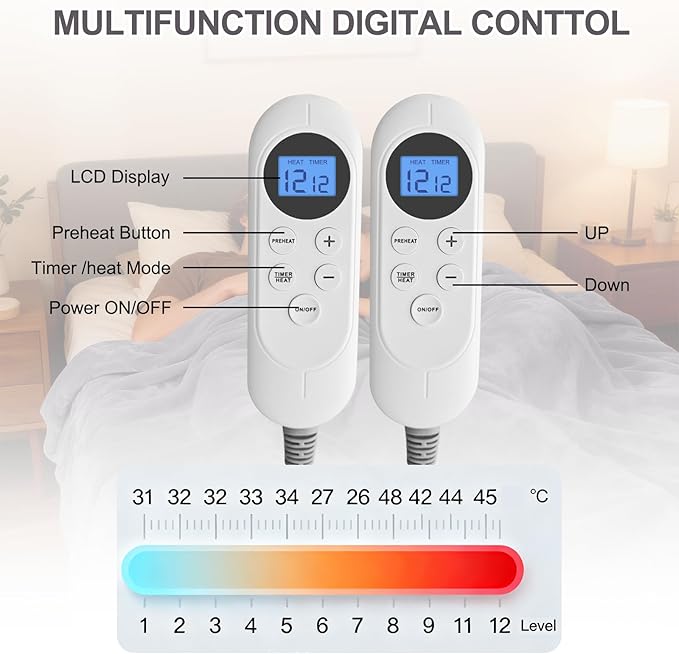 Heated Blanket Electric Blanket Queen 84"x90" Dual Control Flannel Heating Blanket with 12 Heat Levels 12H Timer Auto Shut-Off Overheat Protection Soft & Cozy Machine Washable (Queen (84"x90"))