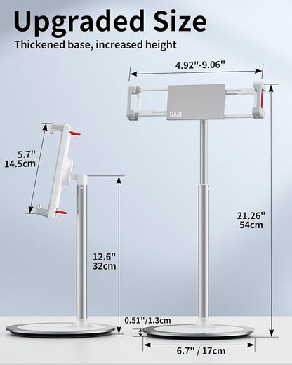 SAIJI Tablet Stand Holder, Extra-Height Adjustable Kindle Stand, 360 Degree Rotating iPad Holder, Aluminum Alloy Cradle Mount Dock for 4.7"-15.6" iPhone, Samsung, Tablets, Portable Monitor (Silver)