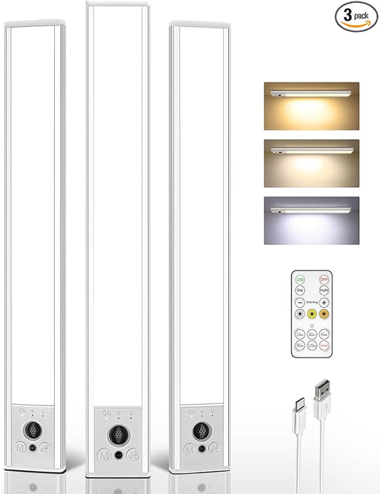 EZVALO 3 Pack Under Cabinet Lighting, 4000mAh Rechargeable Motion Sensor Light, 16inch Magnetic Closet Lights with Dimmable & 3 Color Temps, Wireless Motion Activated Lights with Remote for Kitchen