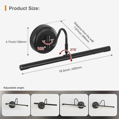 JOOSENLUX LED Picture Light Hardwired Matte Black Modern Picture Lights for Paintings 16.54'' Inch Long Swing Arm Metal Art Lights Warm White 3000K