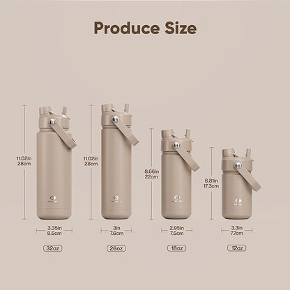 Kids Insualated Water Bottle with Straw - 12oz Stainless Steel Water Bottle with Dual Spouts, Leak-Proof, BPA-Free, Double Wall Vacuum Keeps Cold for 24 Hours for Sports, Travel, School (Raw Umber)